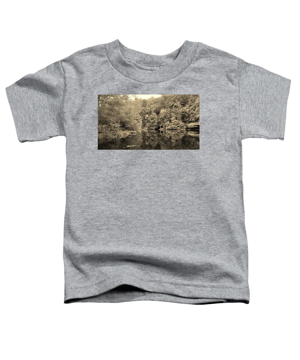 Lake Toddler T-Shirt featuring the photograph Woods Along the Lake Sepia by Stacie Siemsen
