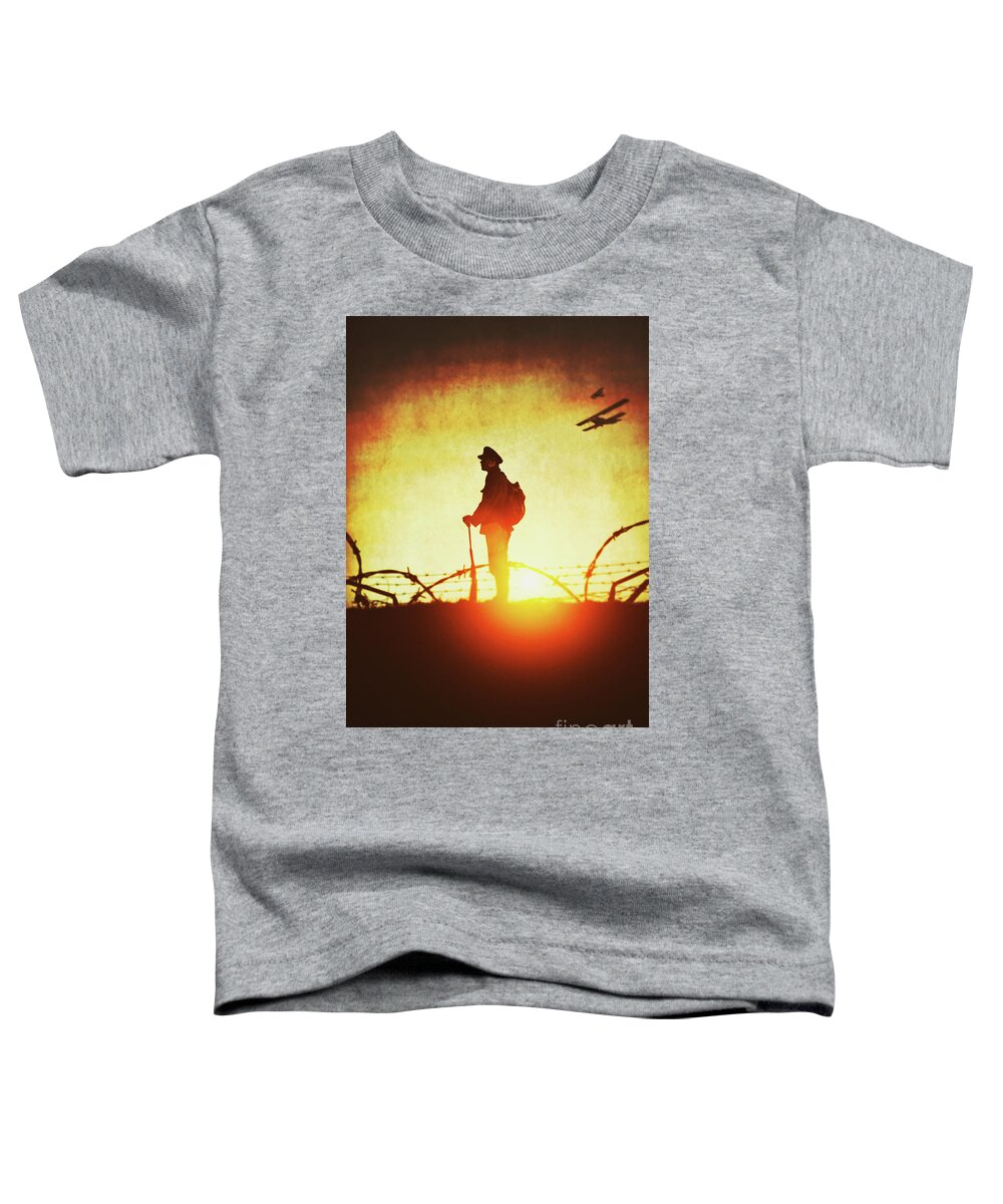World War One; Wwi; Ww1; First World War; Soldier; Trenches; Rifle; Tin Helmet; Infantry; Infantryman; Man; Khaki; Kaki; Anonymous; Full Length; Outside; Outdoors; Silhouette; Silhouettes; Silhouetted; Sunset; Sunrise; Dusk; Dawn; 1914 - 1918; Historic; Historical; Wartime; Peaked Cap; Battlefield; Uniform; Military; Gun; Weapon; Profile; Alone; Standing; Full Length; Barbed Wire; Front Line Toddler T-Shirt featuring the photograph World War One Soldier by Lee Avison