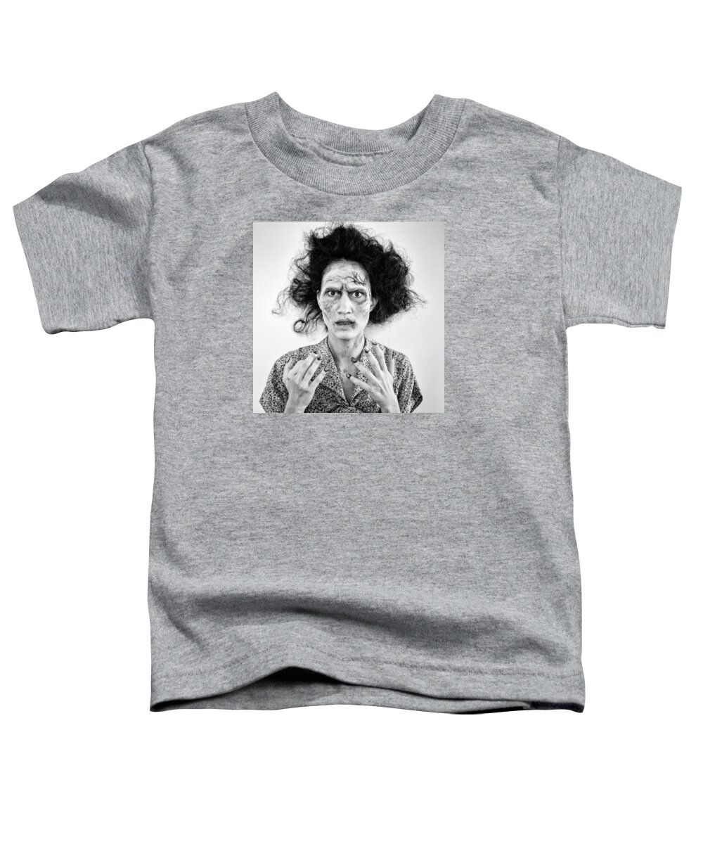 Zombie Toddler T-Shirt featuring the photograph Zombie woman portrait black and white by Matthias Hauser