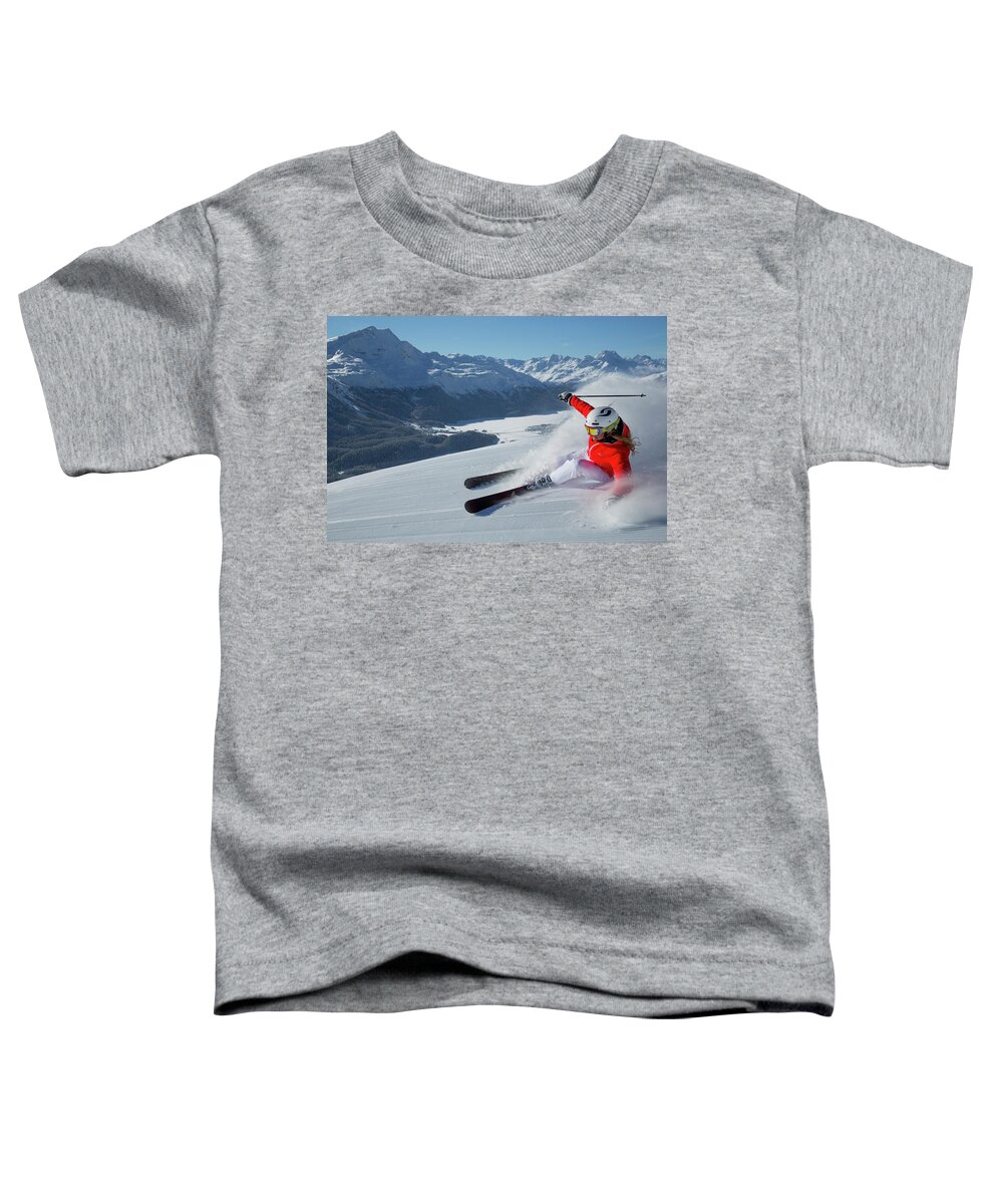 Estock Toddler T-Shirt featuring the digital art Skier In Corviglia Area, Switzerland #1 by Christof Sonderegger