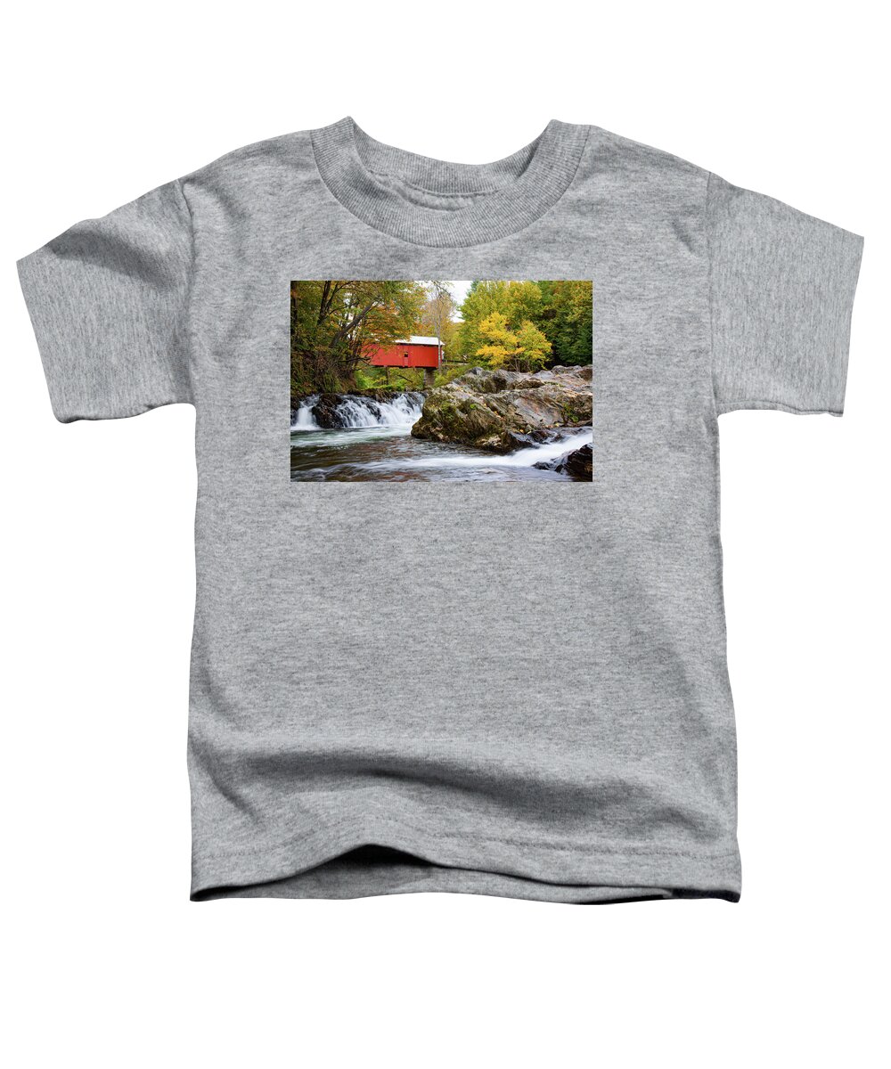 Slaughterhouse Covered Bridge Toddler T-Shirt featuring the photograph Vermont covered bridge in autumn #1 by Jeff Folger