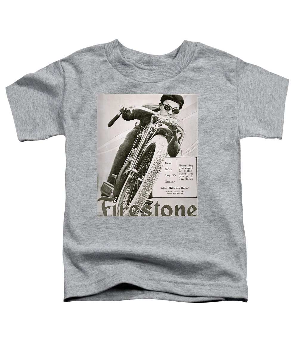 Vintage Toddler T-Shirt featuring the mixed media 1920s Firestone Advertisement Motorcycle Tires by Retrographs