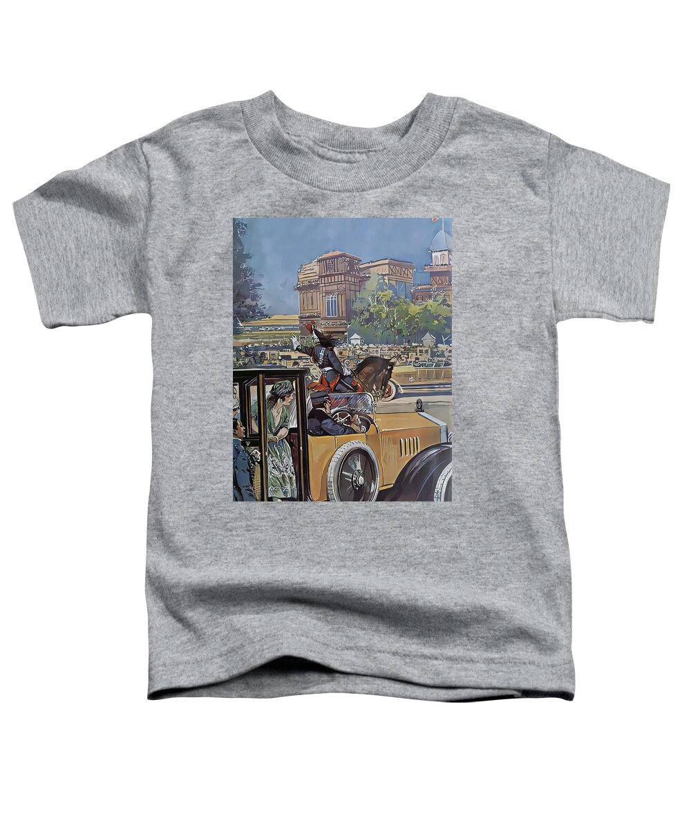 Vintage Toddler T-Shirt featuring the mixed media 1921 Formal Vehicle With Driver And Passengers Elegant City Setting Original French Art Deco Illustration by Retrographs