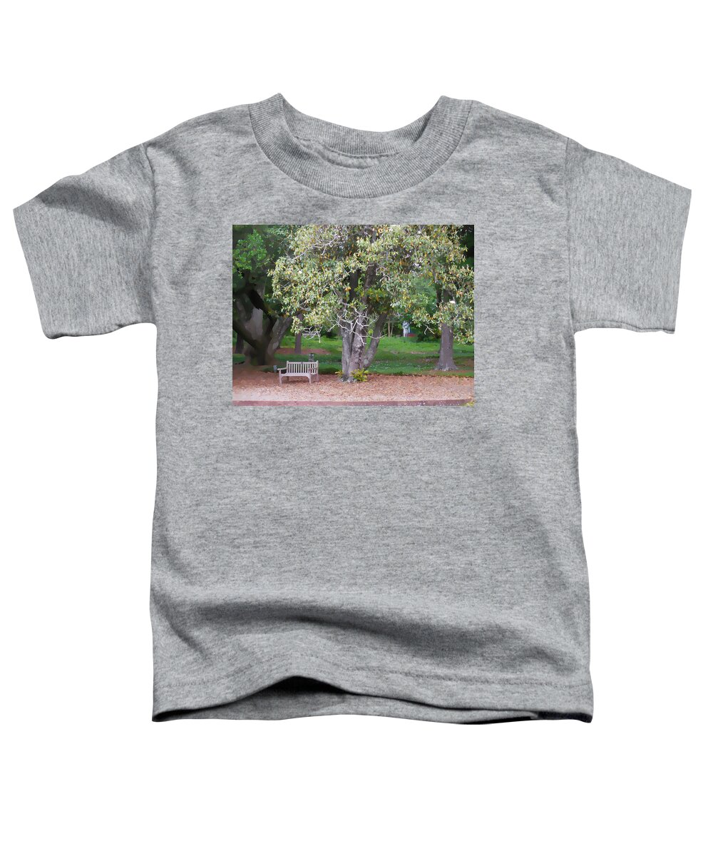 Bench Toddler T-Shirt featuring the painting A bench in a country garden 4 by Jeelan Clark