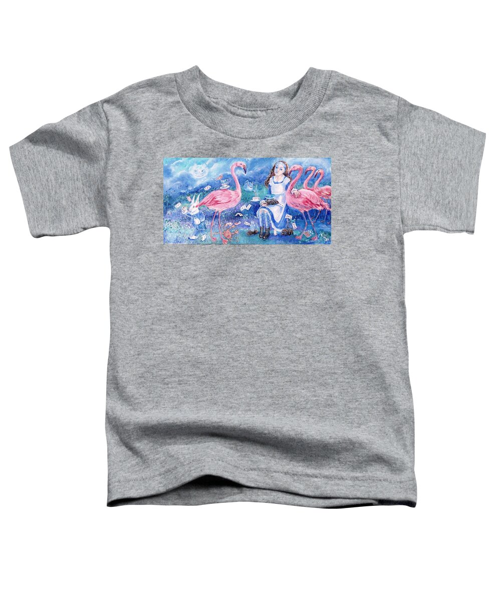 Alice In Wonderland -flamingo Toddler T-Shirt featuring the painting Alice in Wonderland -Flamingo Croquet Anyone ? by Trudi Doyle