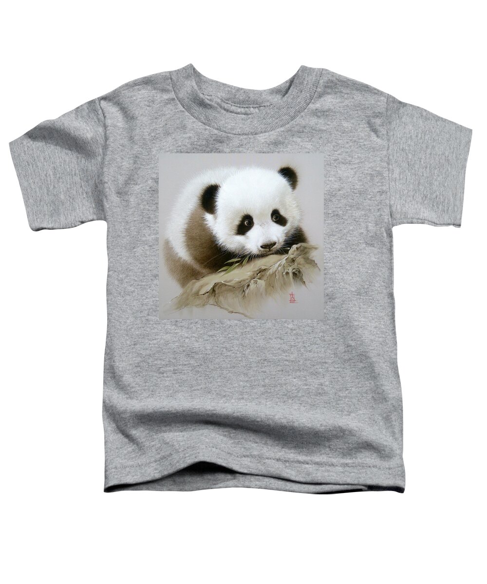 Russian Artists New Wave Toddler T-Shirt featuring the painting Baby Panda with Bamboo Leaves by Alina Oseeva