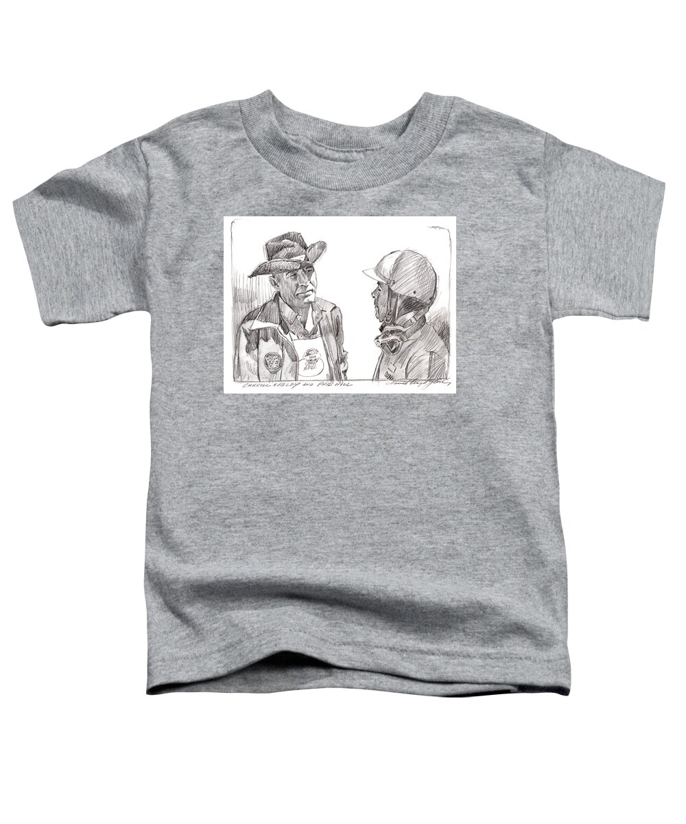 Phil Hill Toddler T-Shirt featuring the drawing CARROLL SHELBY and PHIL HILL by David Lloyd Glover