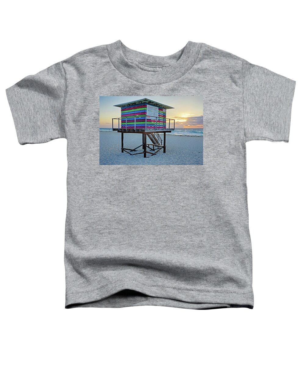 Cancun Toddler T-Shirt featuring the photograph Colorful Lifeguard House on Cancun Beach at Sunrise Playa Cancun Mexico MX by Toby McGuire