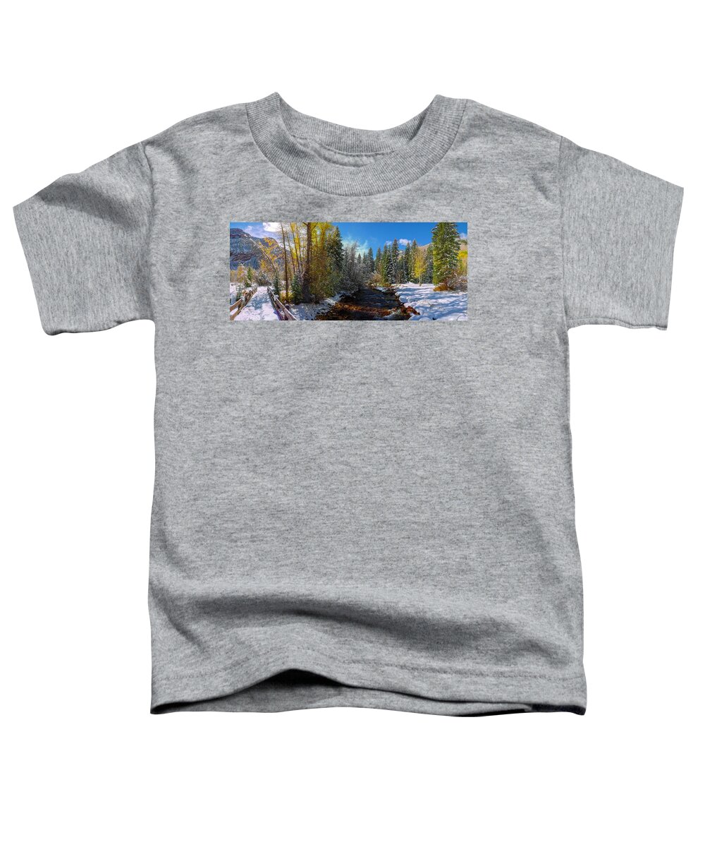 Olena Art Toddler T-Shirt featuring the photograph First Snow Time by OLena Art by Lena Owens - Vibrant DESIGN