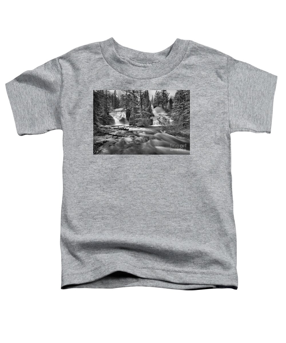 Twin Falls Toddler T-Shirt featuring the photograph Double Falls At Glacier Park Black And White by Adam Jewell