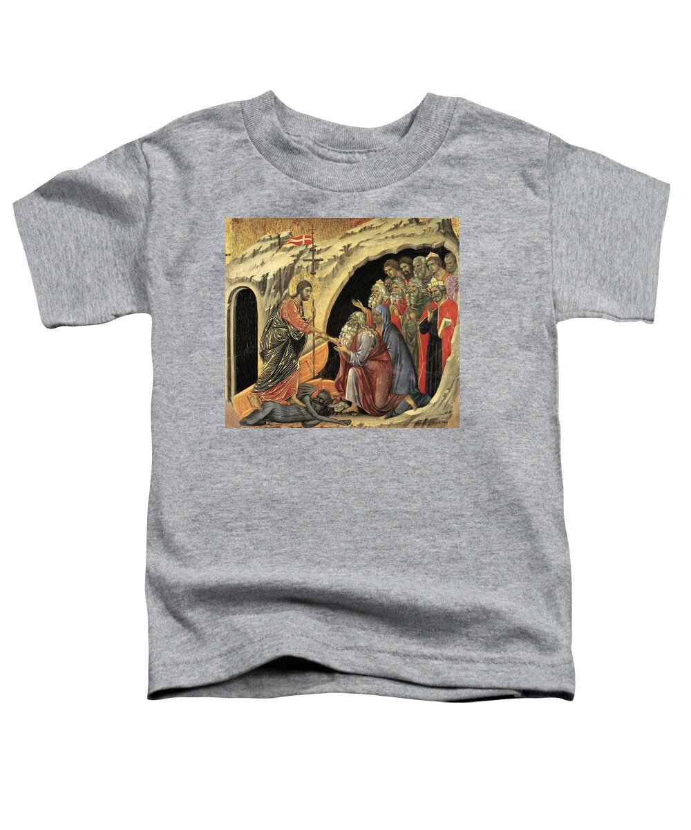 Adam Toddler T-Shirt featuring the painting Duccio di Buoninsegna / 'Maesta - Passion Descent to Hell', 1308-1311. JESUS. Adam. by Duccio di Buoninsegna -c 1260-c 1318-