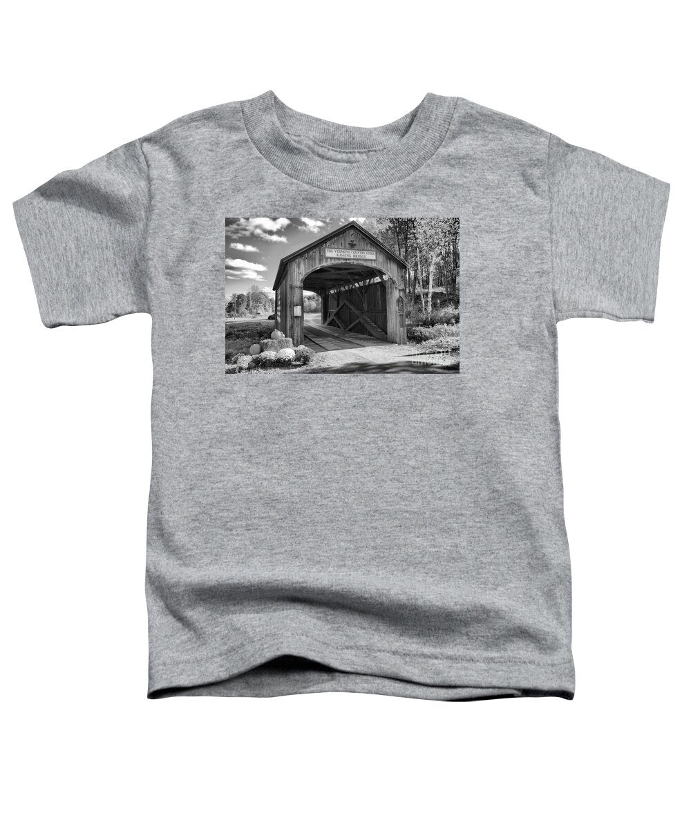 Kissing Bridge Toddler T-Shirt featuring the photograph Fall At The Kissing Bridge Black And White by Adam Jewell