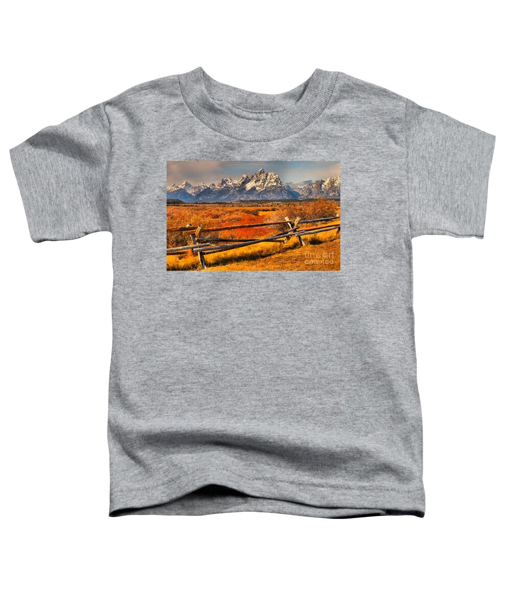 Grand Teton National Park Toddler T-Shirt featuring the photograph Fall Foliage Over The Fence by Adam Jewell