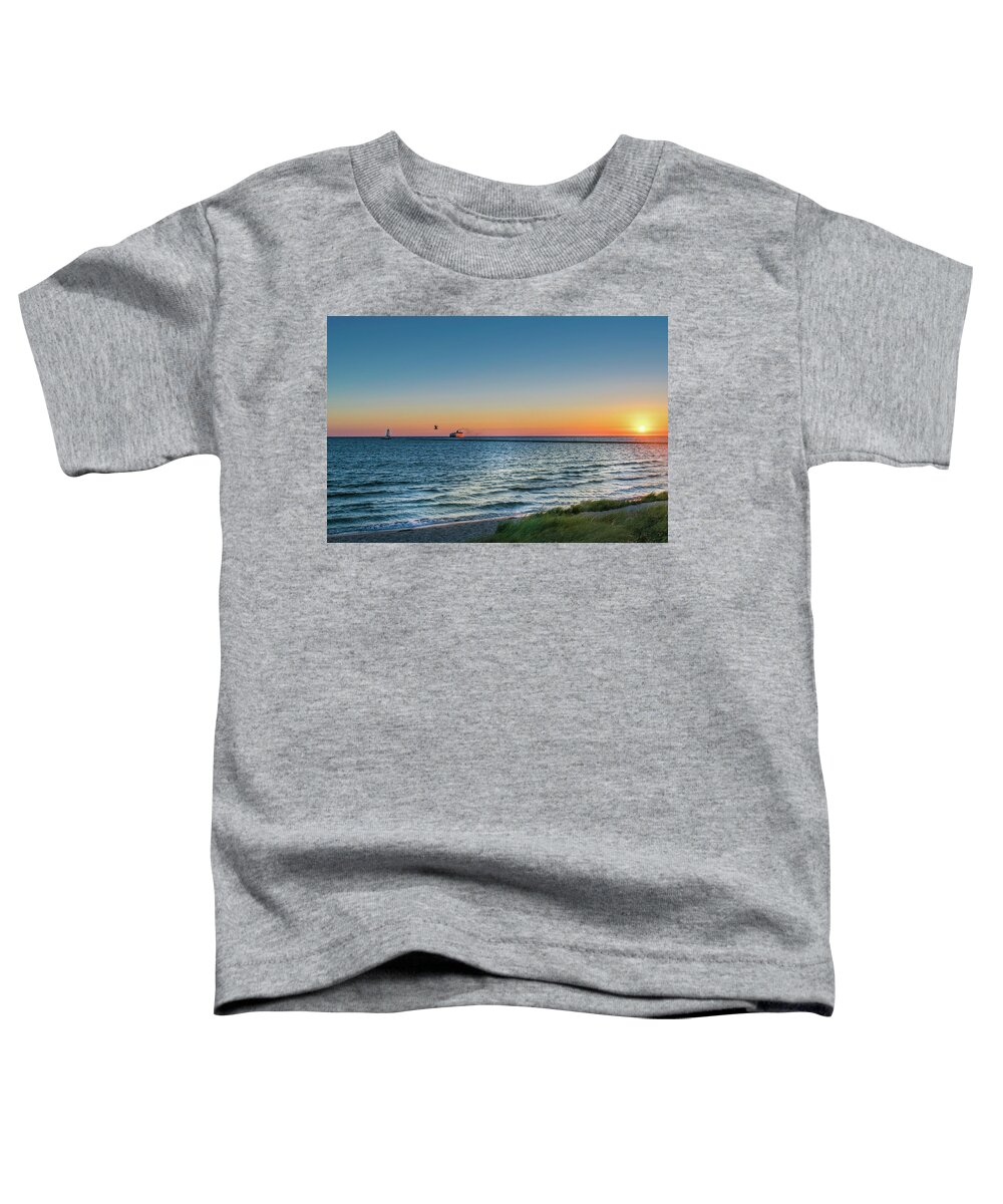 Badger Car Ferry Toddler T-Shirt featuring the photograph Ferry Going Into Sunset by Lester Plank