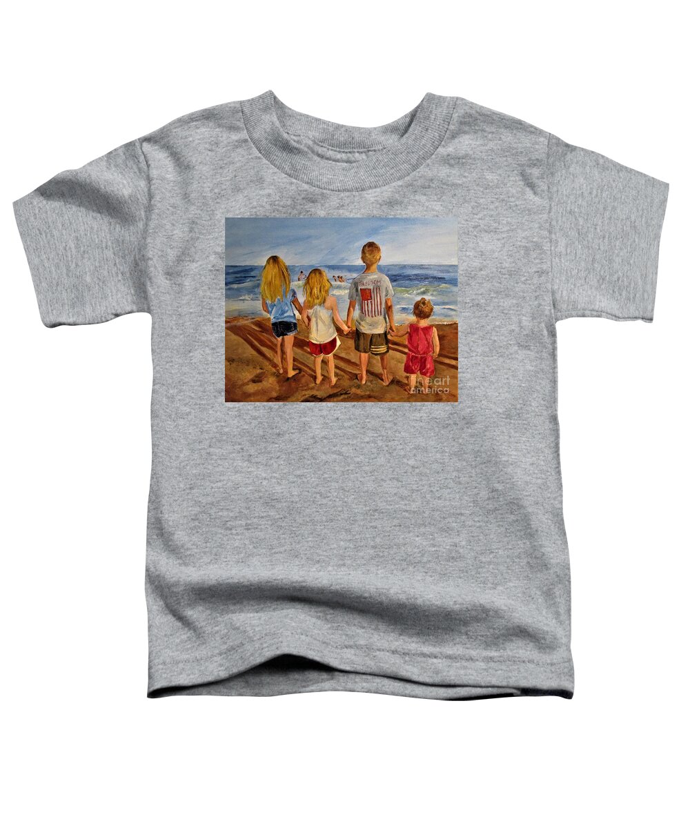 Barbara Moak Toddler T-Shirt featuring the painting Four Siblings Watch the Game by Barbara Moak