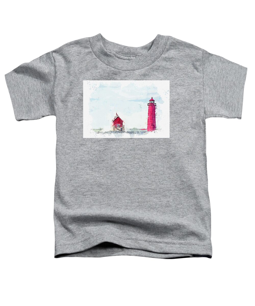 Frozen Toddler T-Shirt featuring the painting Frozen Red Lighthouse - watercolor by Adam Asar by Celestial Images