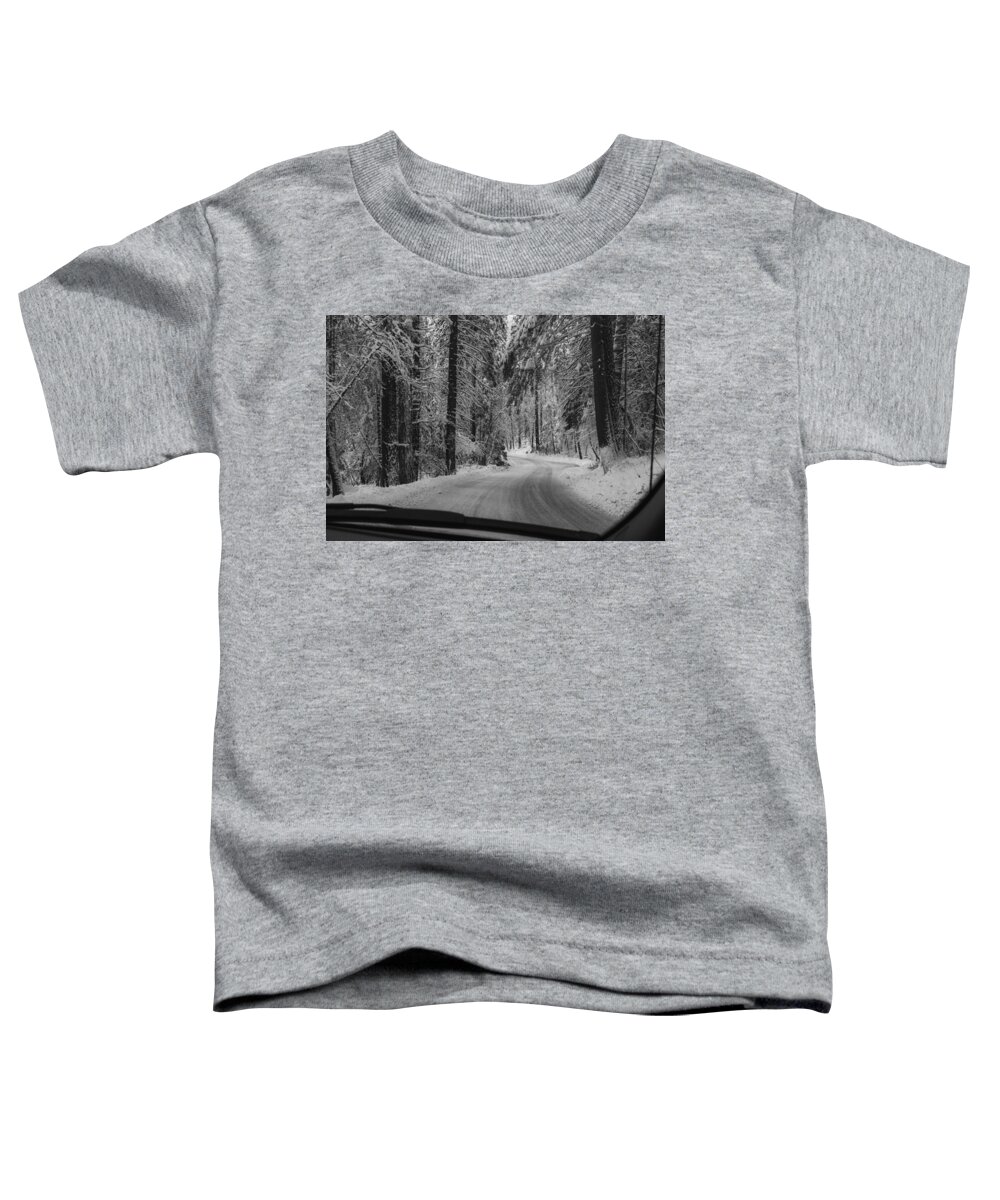 Yosemite Toddler T-Shirt featuring the photograph Frozen road highway 120 towards Yosemite by Alessandra RC