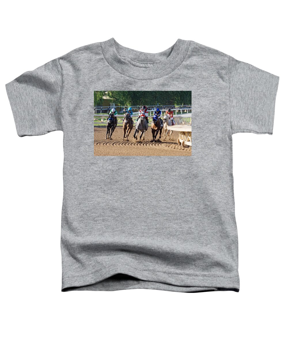 Into The Stretch Toddler T-Shirt featuring the photograph Into the Stretch -- Race Horses at Santa Anita Park, California by Darin Volpe