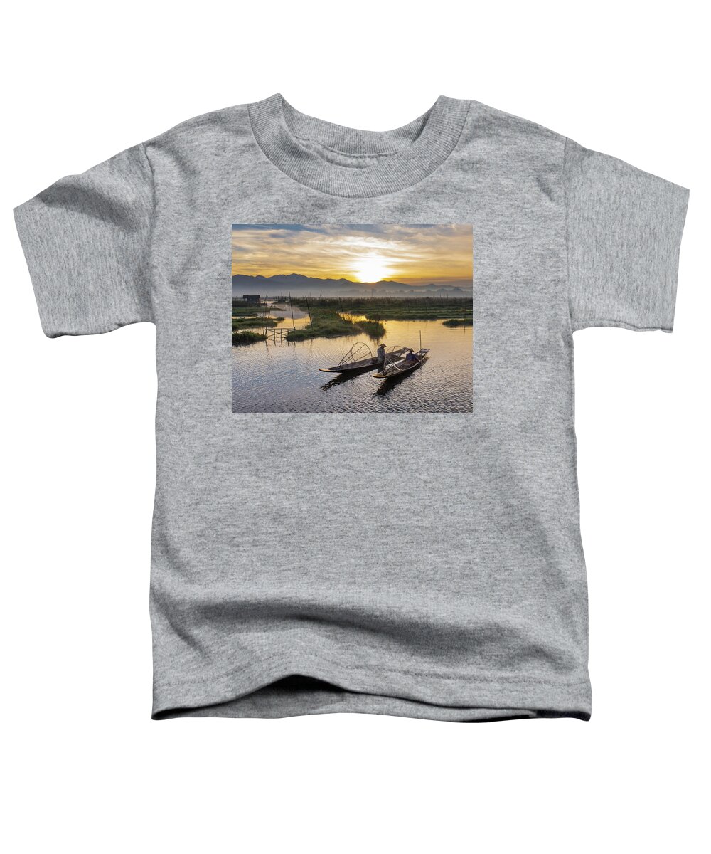 Fisherman Toddler T-Shirt featuring the photograph landscape of sunrise on Lake Inle, Myanmar by Ann Moore
