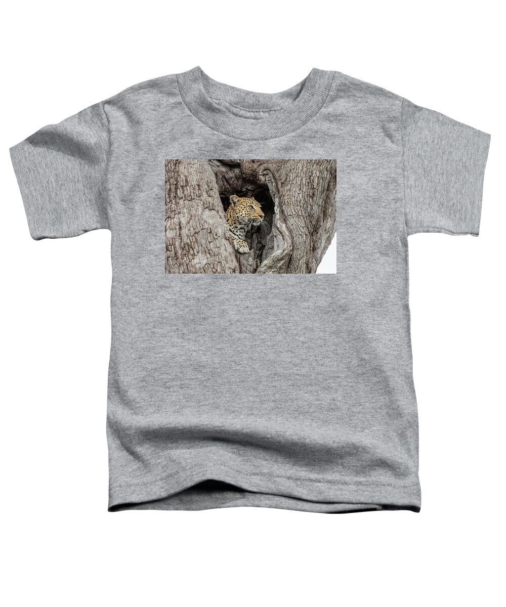 Suzi Eszterhas Toddler T-Shirt featuring the photograph Leopardess At Tree Den by Suzi Eszterhas