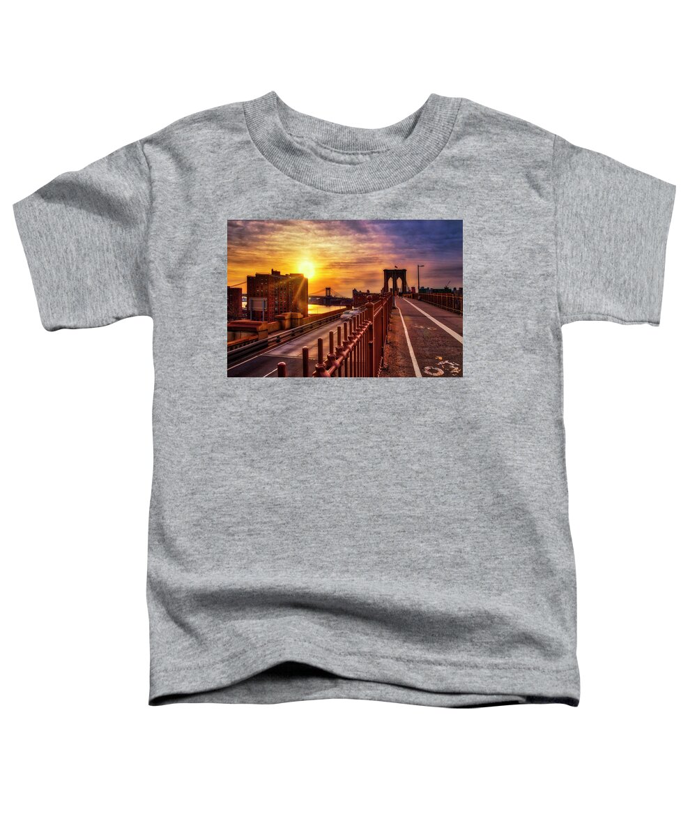 Brooklyn Bridge Toddler T-Shirt featuring the photograph Manhattan and Brooklyn Bridge NYC Sunrise by Susan Candelario