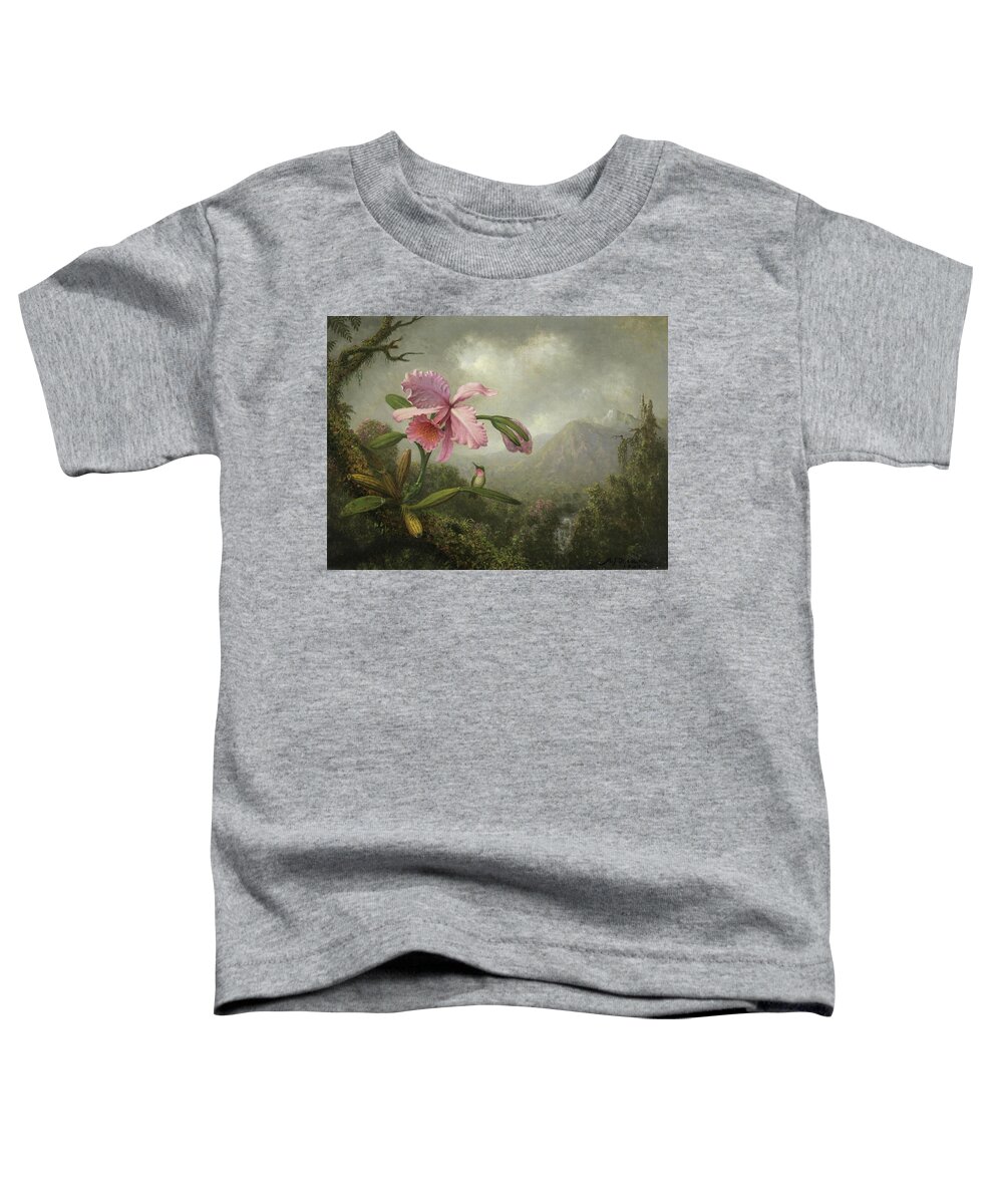 Canvas Toddler T-Shirt featuring the painting Martin Johnson Heade -Lumberville, 1819-St. Augustine, 1904-. Orchid and Hummingbird near a Water... by Martin Johnson Heade -1819-1904-