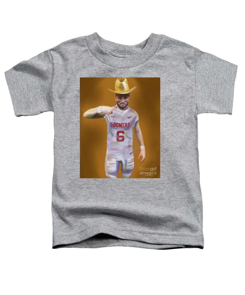 Baker Mayfield Toddler T-Shirt featuring the painting Mayfield Horns Down by Jack Bunds