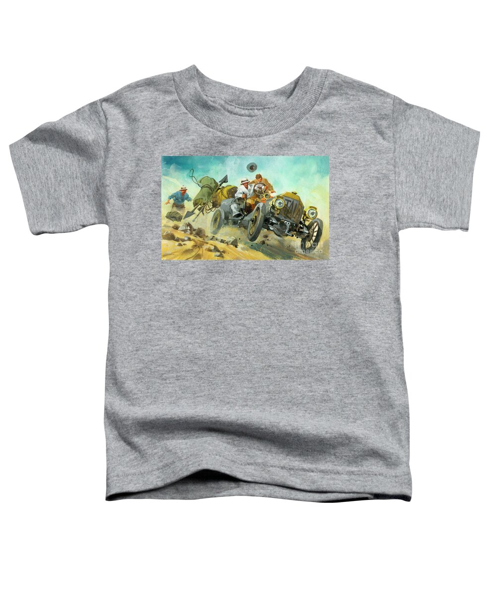 Blue Toddler T-Shirt featuring the painting Off roading during a Ten thousand mile motor race by Ferdinando Tacconi