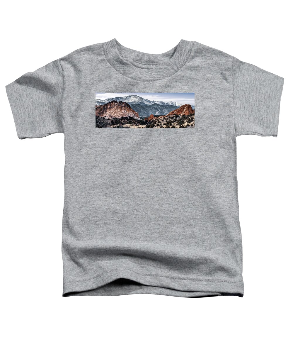 America Toddler T-Shirt featuring the photograph Pikes Peak Mountain Landscape Panorama - Colorado Springs by Gregory Ballos