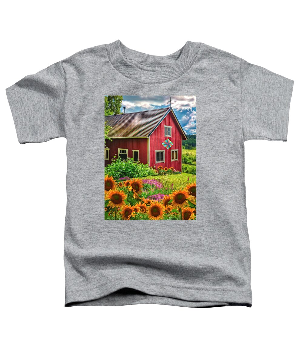 Barns Toddler T-Shirt featuring the photograph Red Barn in Summer Sunflowers Watercolor Painting by Debra and Dave Vanderlaan
