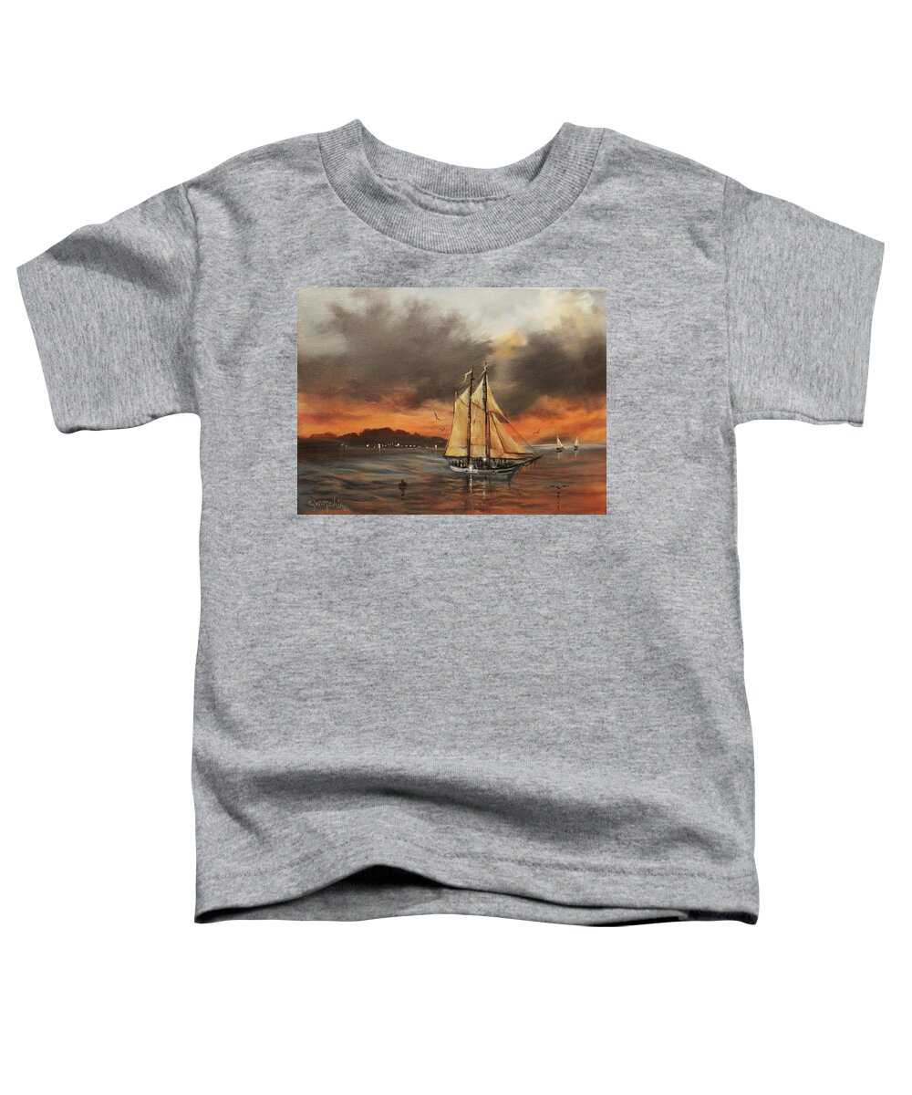 Schooner Toddler T-Shirt featuring the painting Safe Harbor by Tom Shropshire