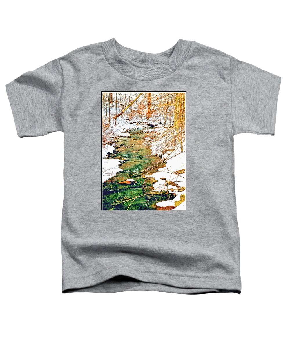Woods Toddler T-Shirt featuring the photograph Snow Covered Stream Banks Digital Art by A Macarthur Gurmankin