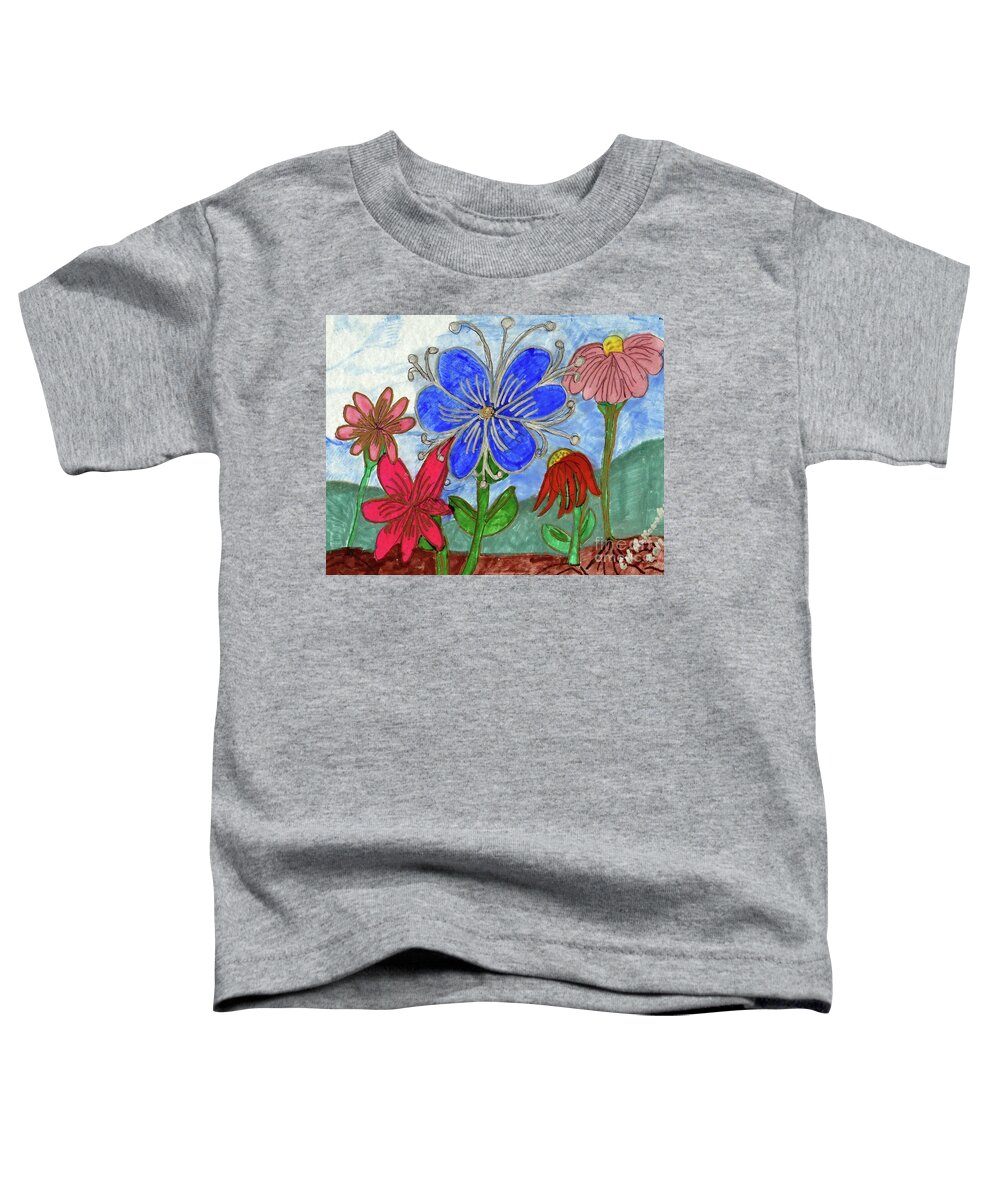 Blue Pink Red Flowers Toddler T-Shirt featuring the mixed media Spring Garden by Elinor Helen Rakowski