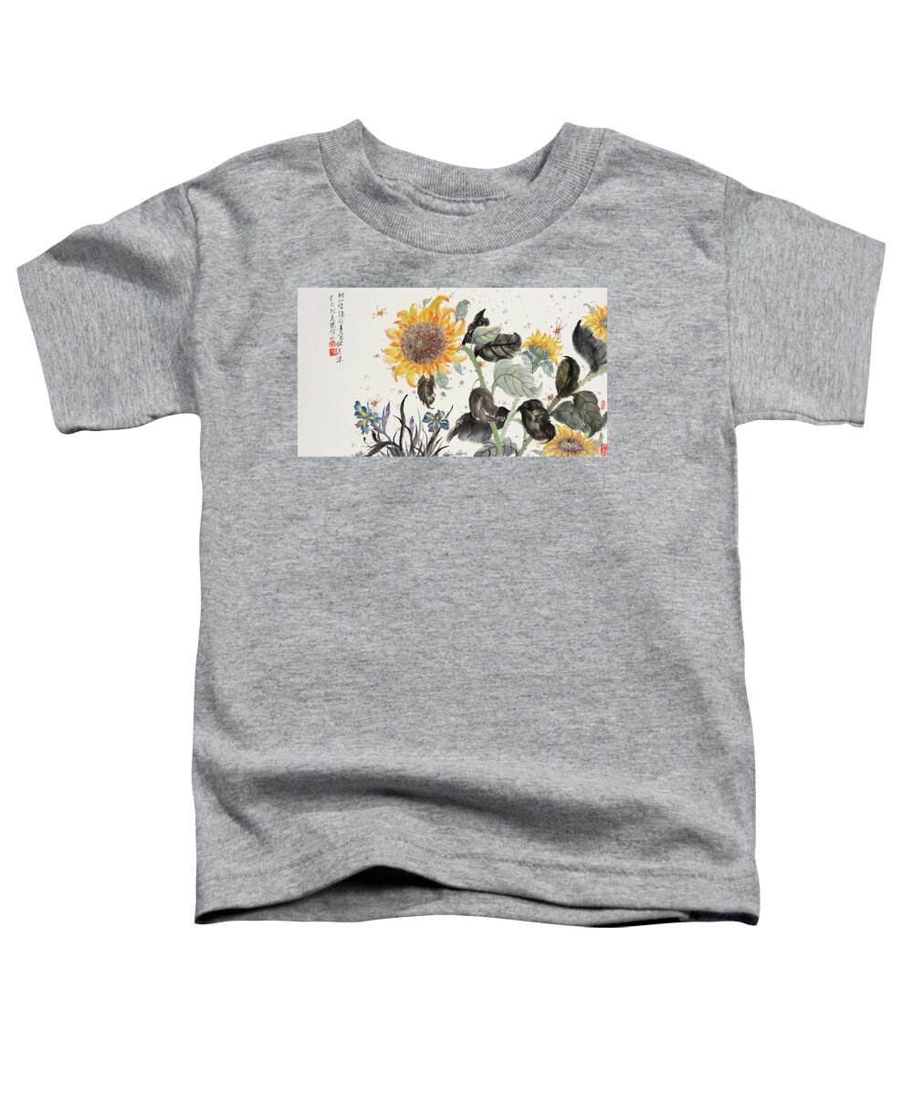 Chinese Watercolor Toddler T-Shirt featuring the painting Sunflower and Dragonfly by Jenny Sanders