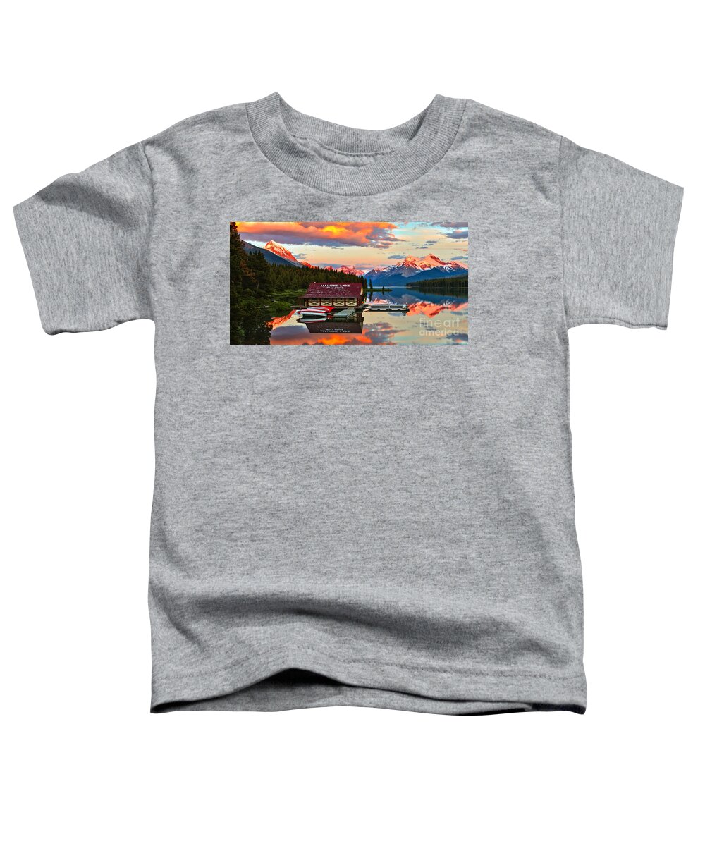 Maligne Lake Toddler T-Shirt featuring the photograph Sunset Glow Over The Maligne Lake Boathouse by Adam Jewell