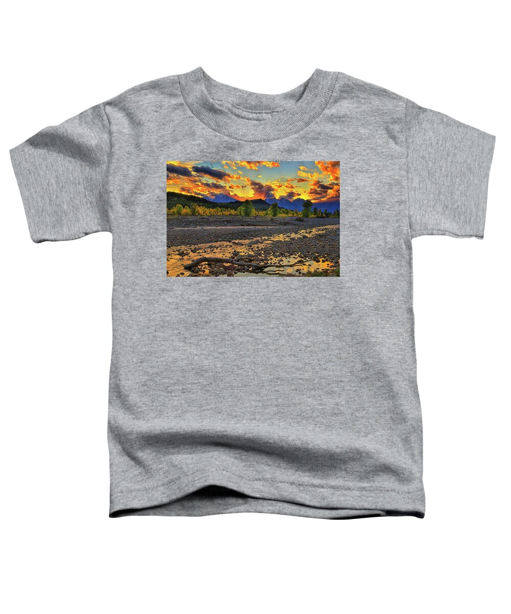 Grand Teton National Park Toddler T-Shirt featuring the photograph Teton Autumn Sunset Along Spread Creek by Greg Norrell