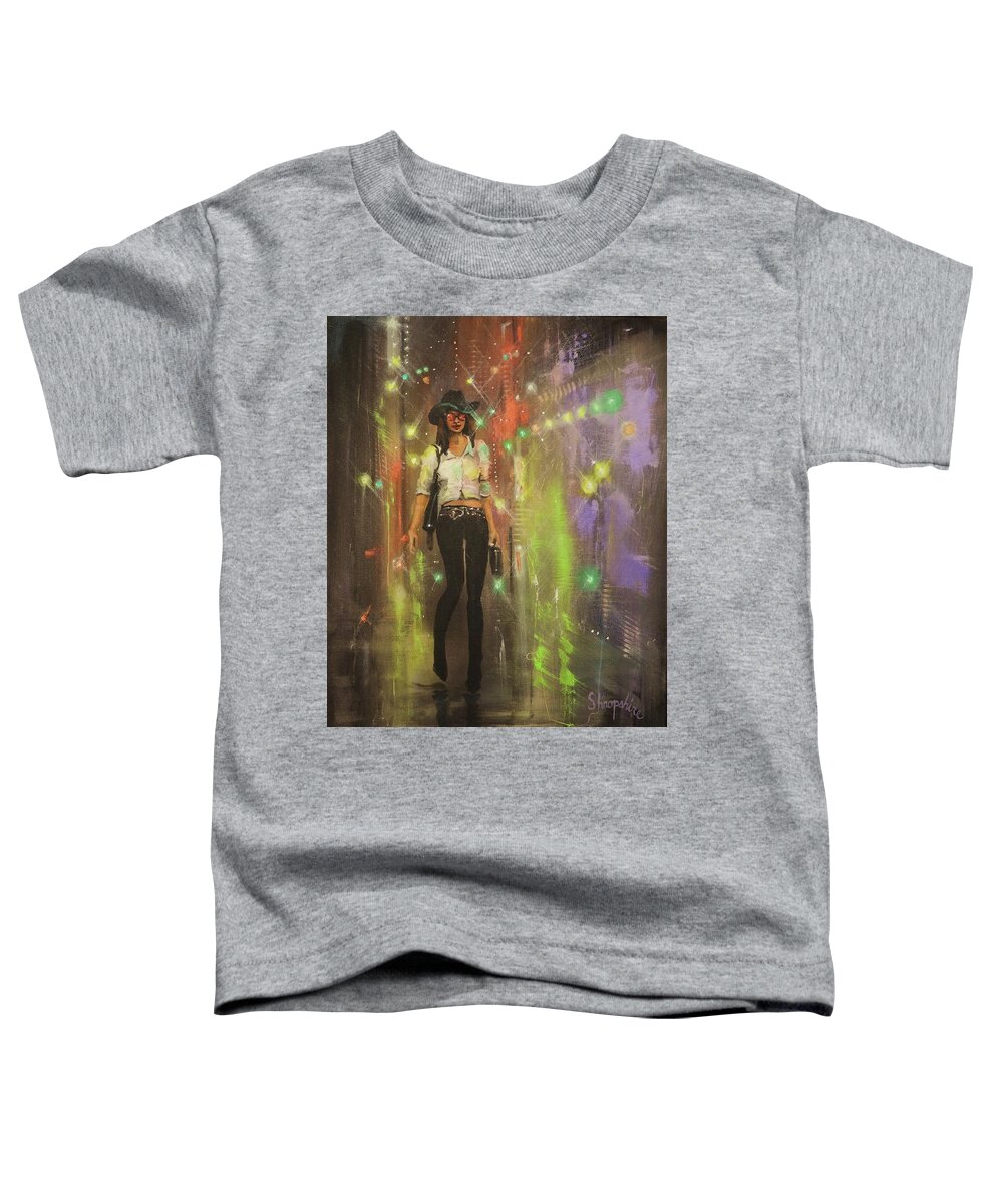 City At Night Toddler T-Shirt featuring the painting Urban Cowgirl by Tom Shropshire