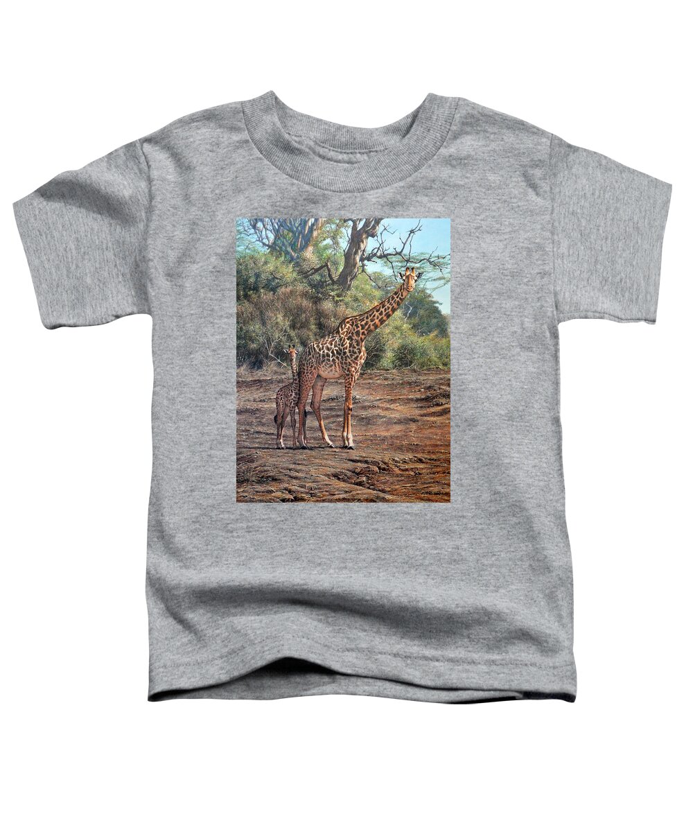 Alan M Hunt Toddler T-Shirt featuring the painting What are the looking at? Giraffes by Alan M Hunt