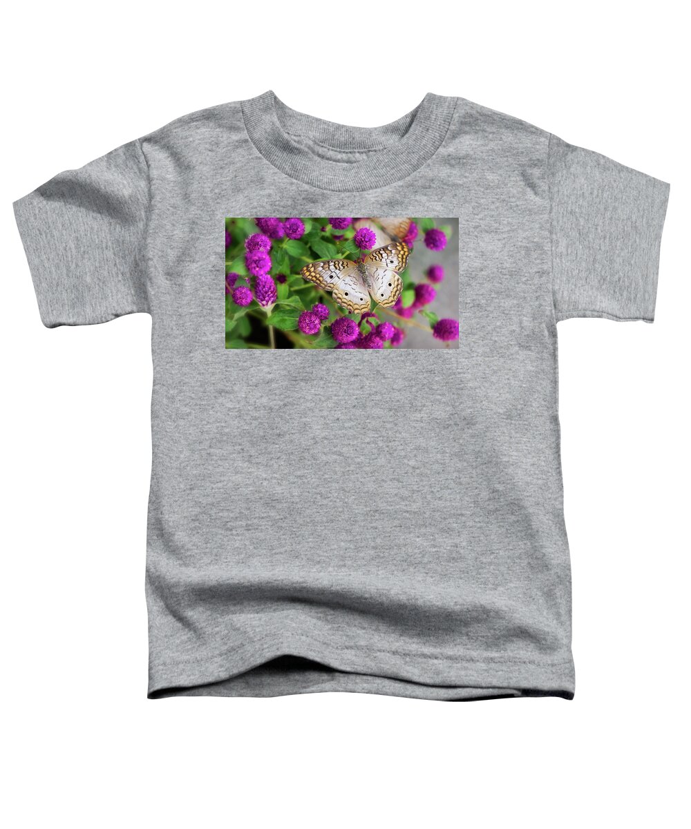 Anartia Jatrophae Toddler T-Shirt featuring the photograph White Peacock Butterfly on Pink Flowers  by Saija Lehtonen