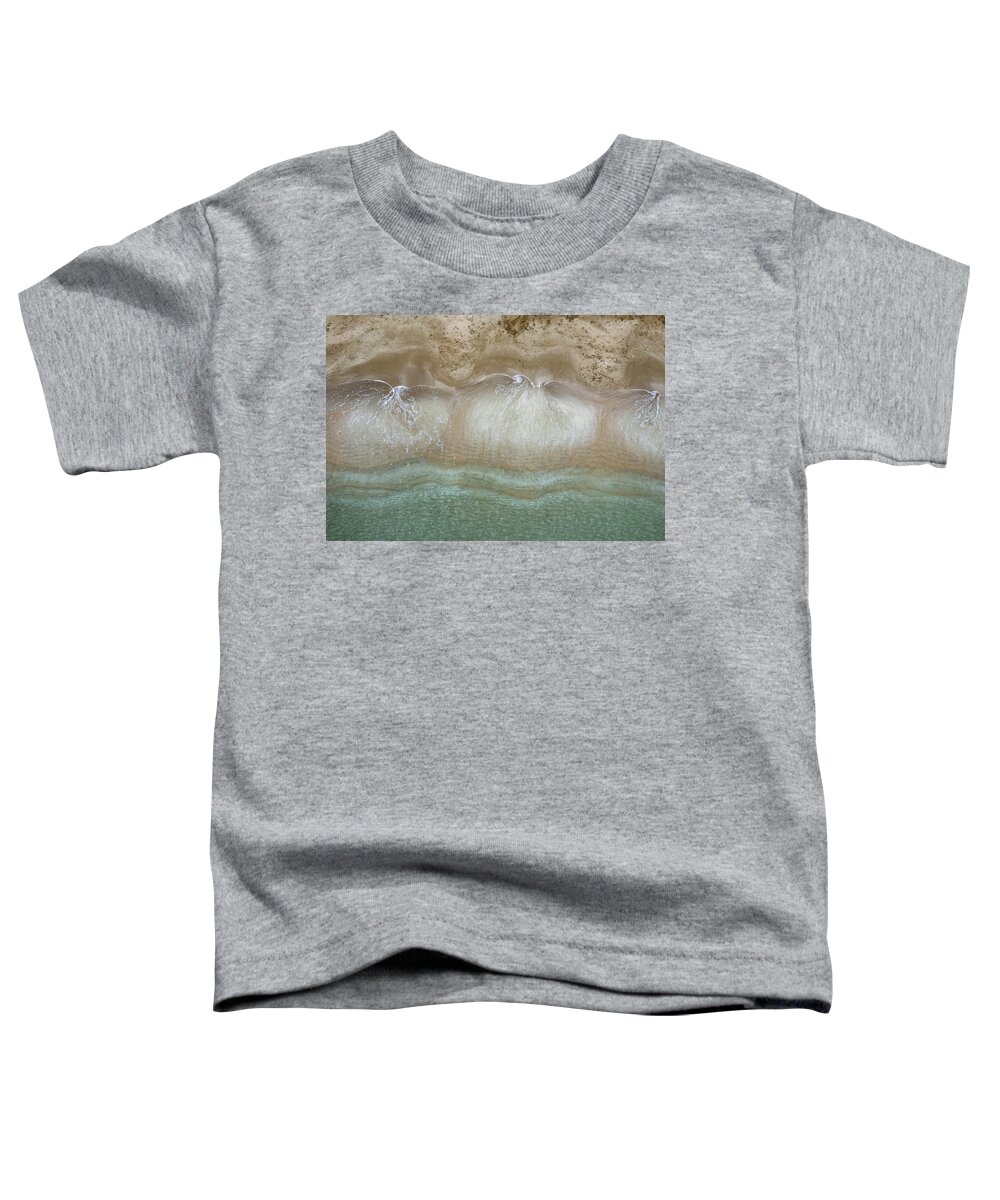 Golden Sand Toddler T-Shirt featuring the photograph Aerial view drone of empty tropical sandy beach with golden sand. Seascape background #1 by Michalakis Ppalis