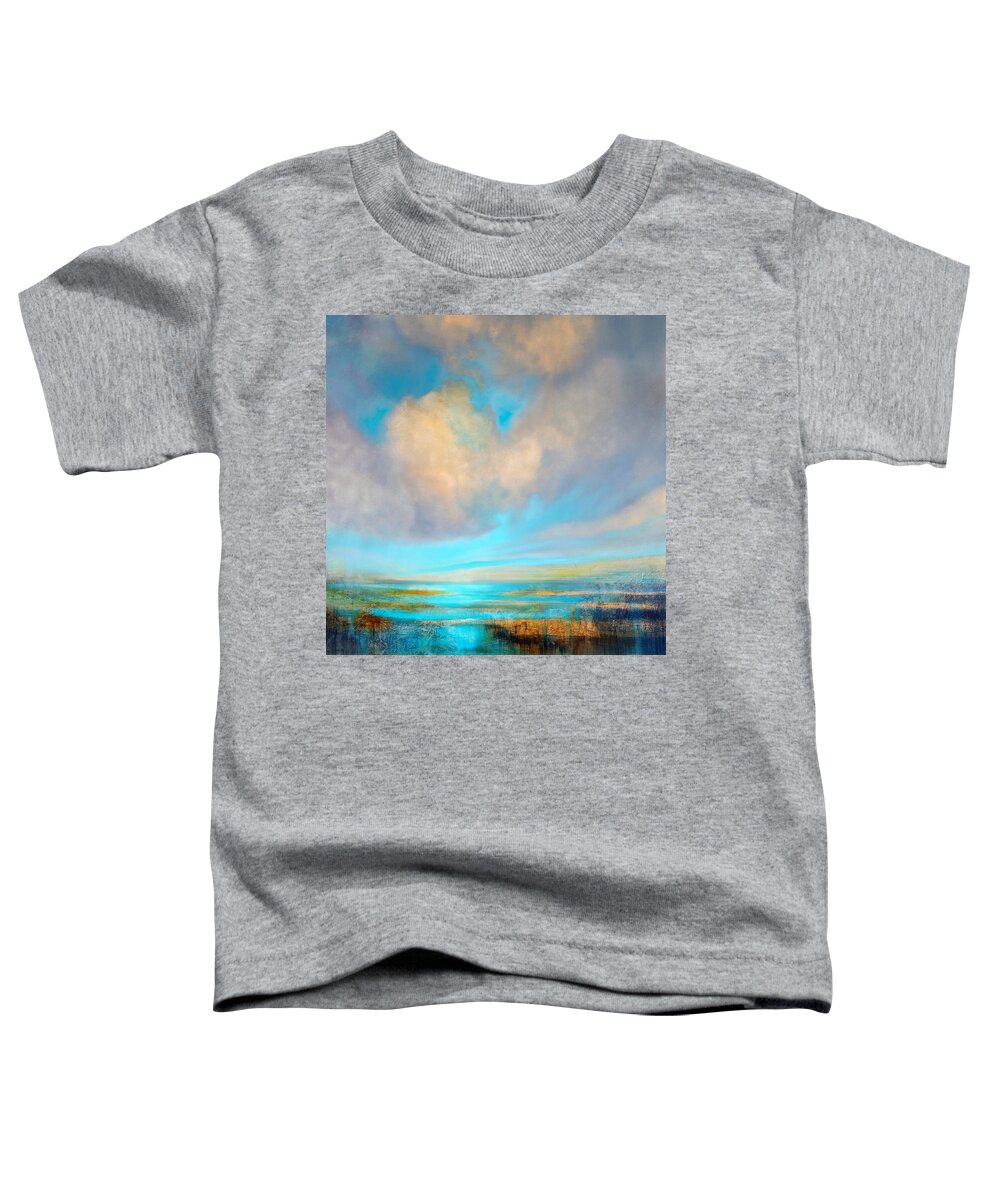 Sun Toddler T-Shirt featuring the painting Happiness - soft clouds over a blue water #1 by Annette Schmucker