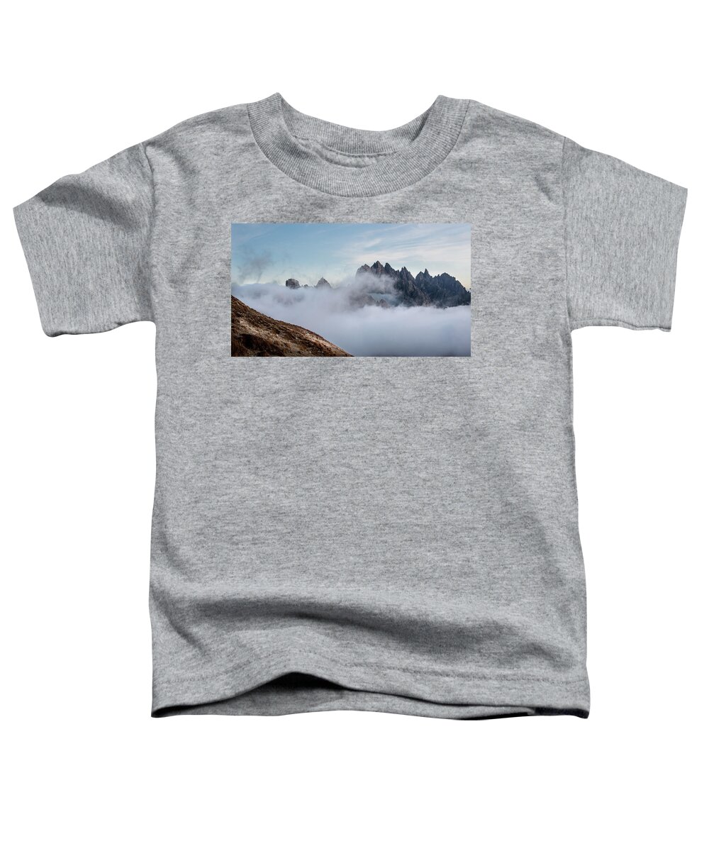 Italian Alps Toddler T-Shirt featuring the photograph Mountain landscape with fog in autumn. Tre Cime dolomiti Italy. #7 by Michalakis Ppalis