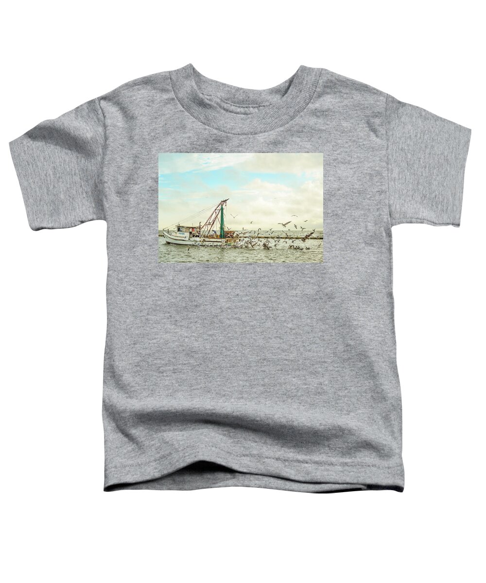 Shrimp Boat Birds Pelican Laughing Gull Coast Coastal Shrimping Net Water Rockport Texas Fulton Clouds Bay Gulf Mexico Marina Harbor Toddler T-Shirt featuring the photograph Rainbow Returns by Christopher Rice