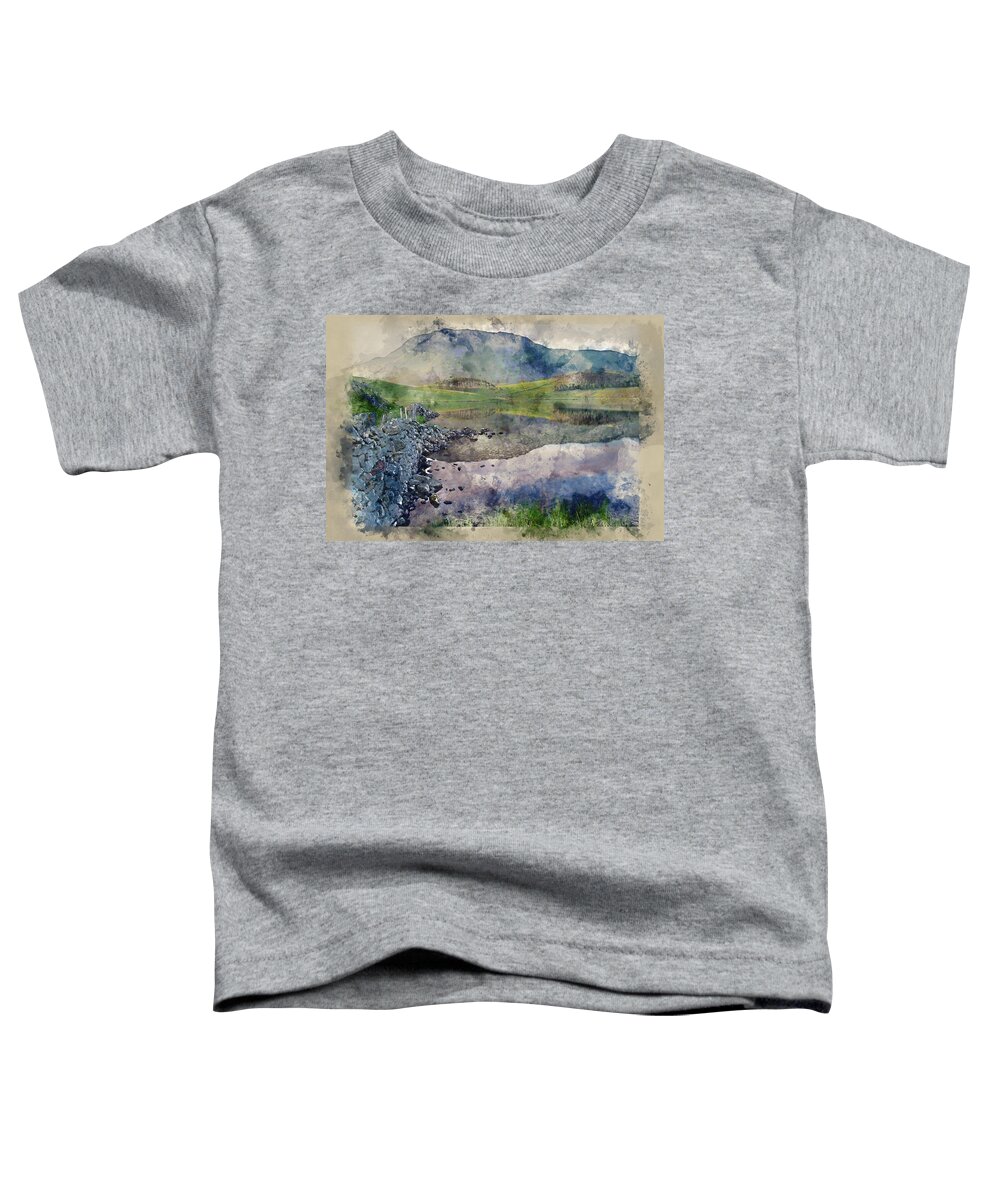 Landscape Toddler T-Shirt featuring the digital art Watercolor painting of Landscape reflected in calm Cregennen Lak #1 by Matthew Gibson