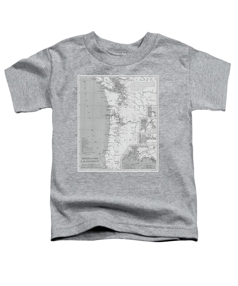 Pacific Toddler T-Shirt featuring the photograph 1898 Pacific Northwest, Washington, Oregon and Alaska Lighthouse Map in Black and White by Toby McGuire