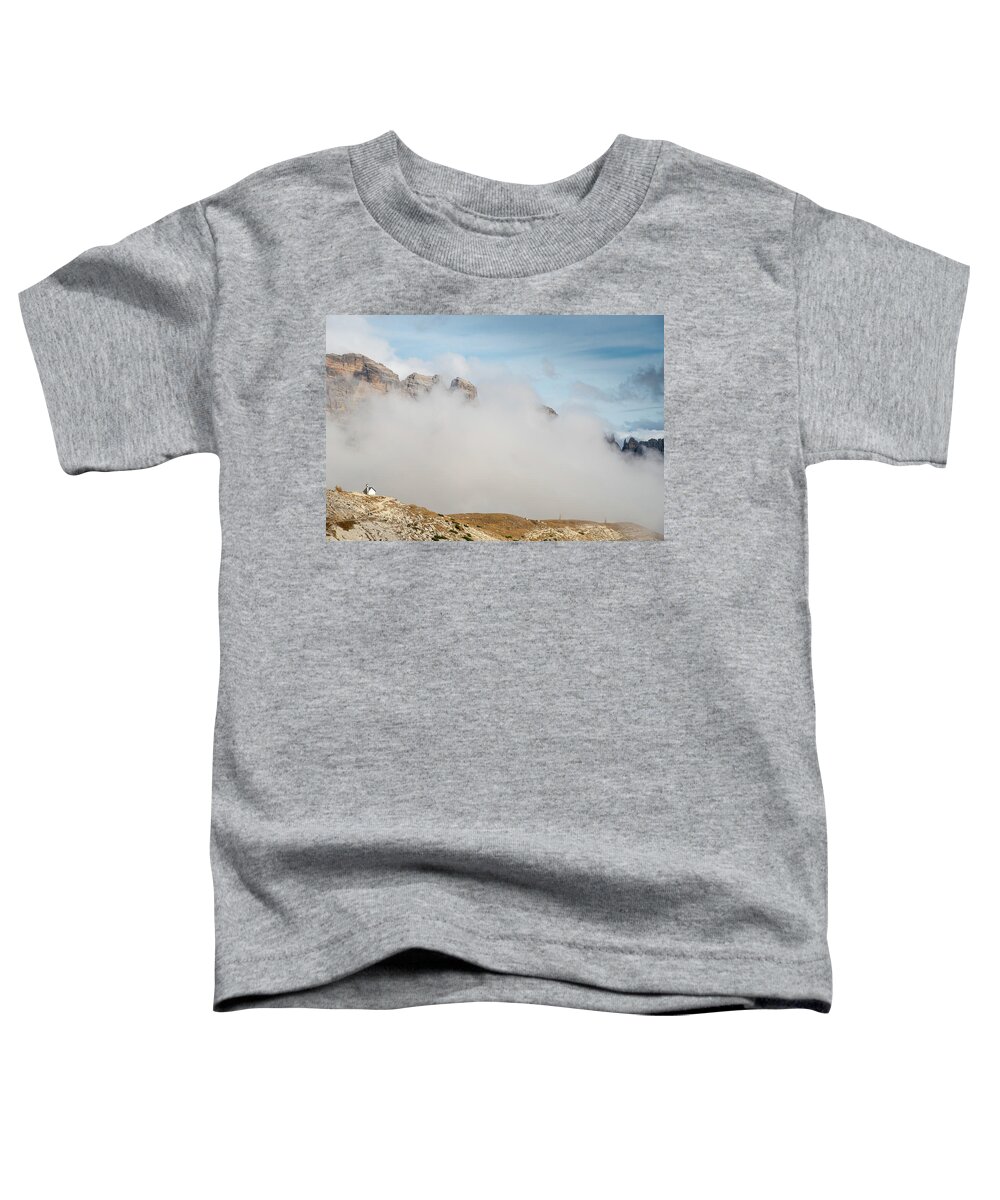 Tre Cime Toddler T-Shirt featuring the photograph Mountain landscape with fog in autumn. Tre Cime dolomiti Italy. by Michalakis Ppalis