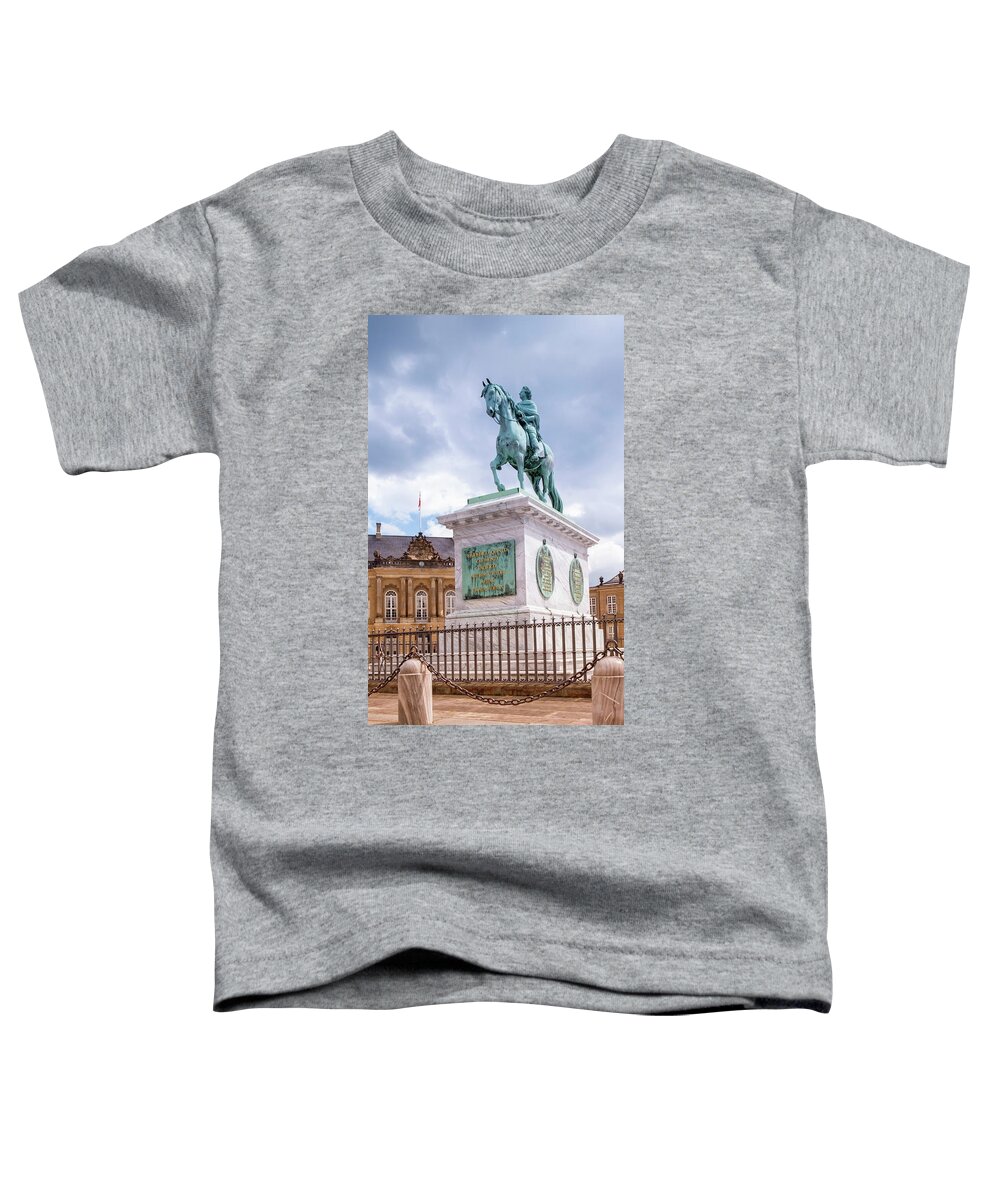 Building Toddler T-Shirt featuring the photograph Statue of Frederick V by Jacques Francois Joseph Saly, Amalienborg Palace Square in Copenhagen, Denmark #2 by Elenarts - Elena Duvernay photo