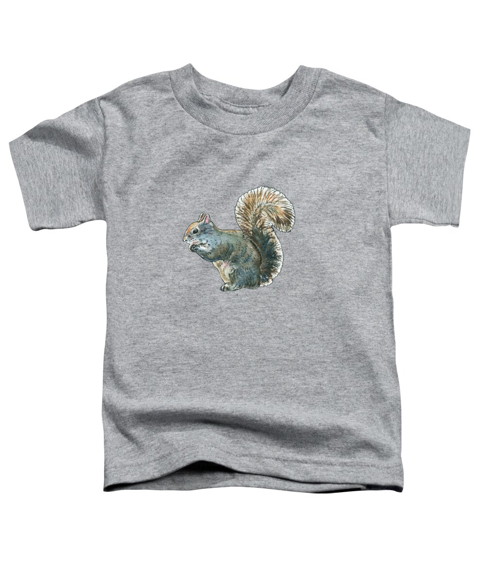 Squirrel Toddler T-Shirt featuring the painting Adorable And Super Cute Silver Gray Squirrel With Nut Watercolor by Irina Sztukowski
