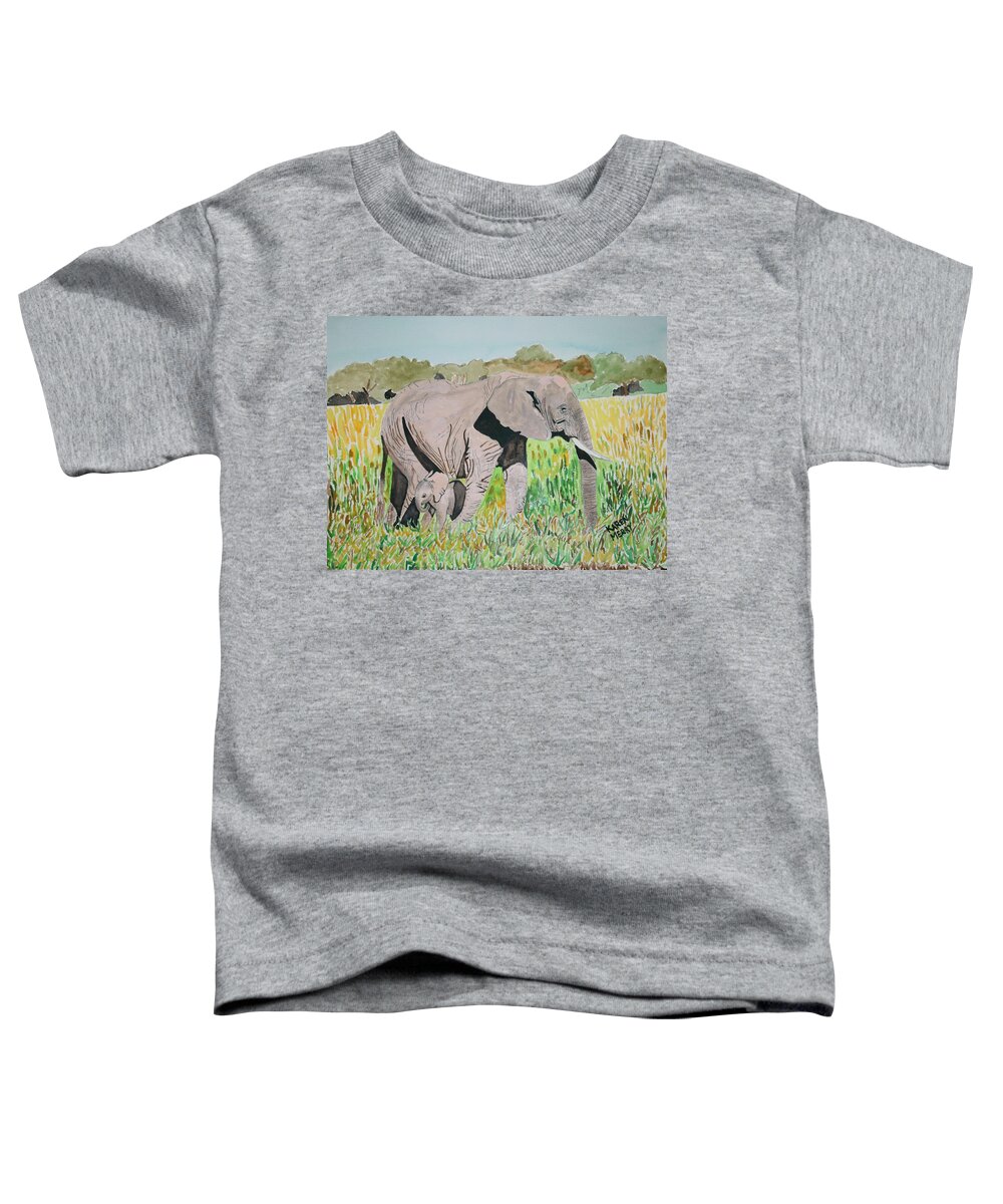 Africa Toddler T-Shirt featuring the painting African Elephant Mom and Baby by Karen Merry