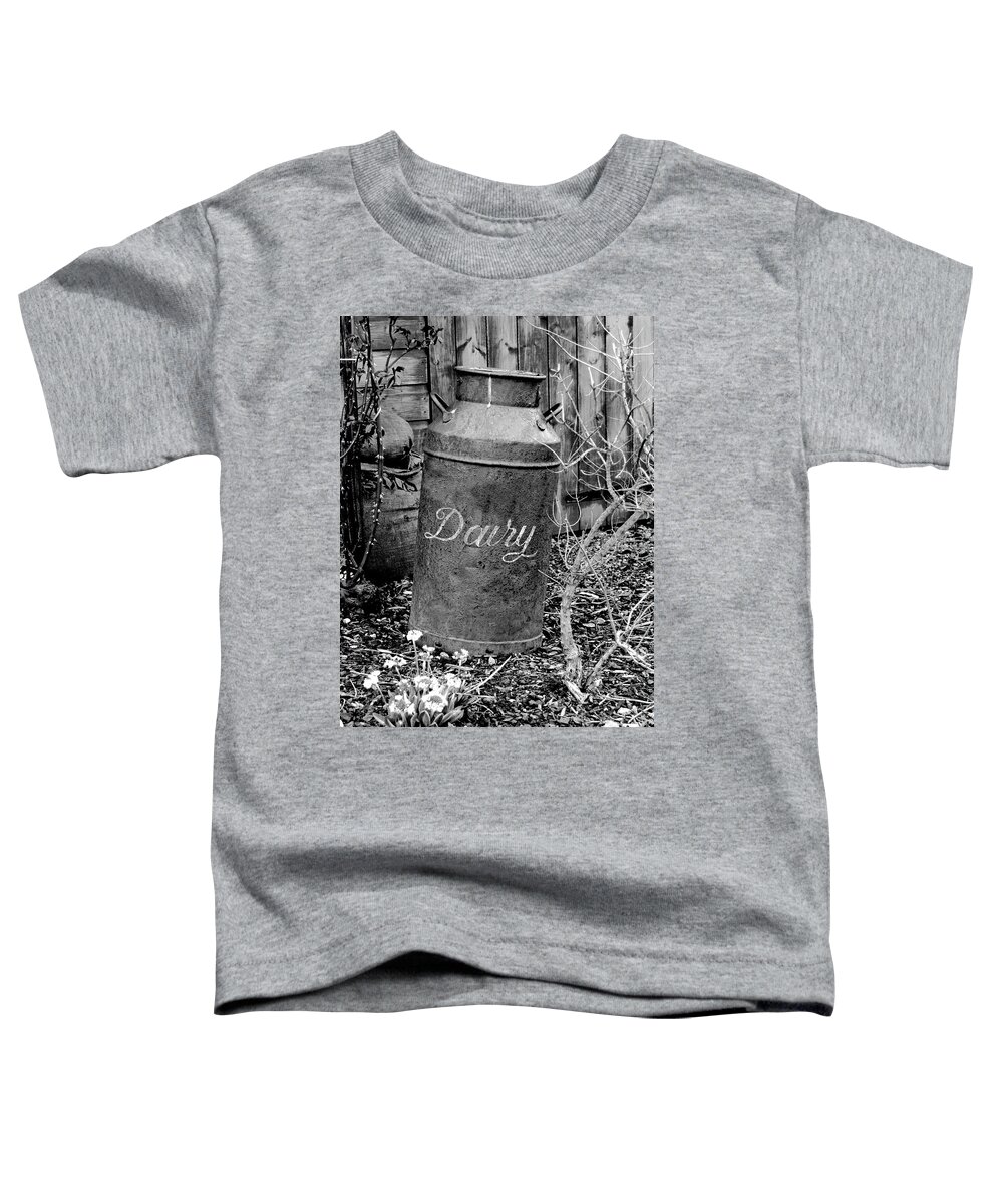 Shed Toddler T-Shirt featuring the photograph Antique vintage dairy can black and white by Severija Kirilovaite